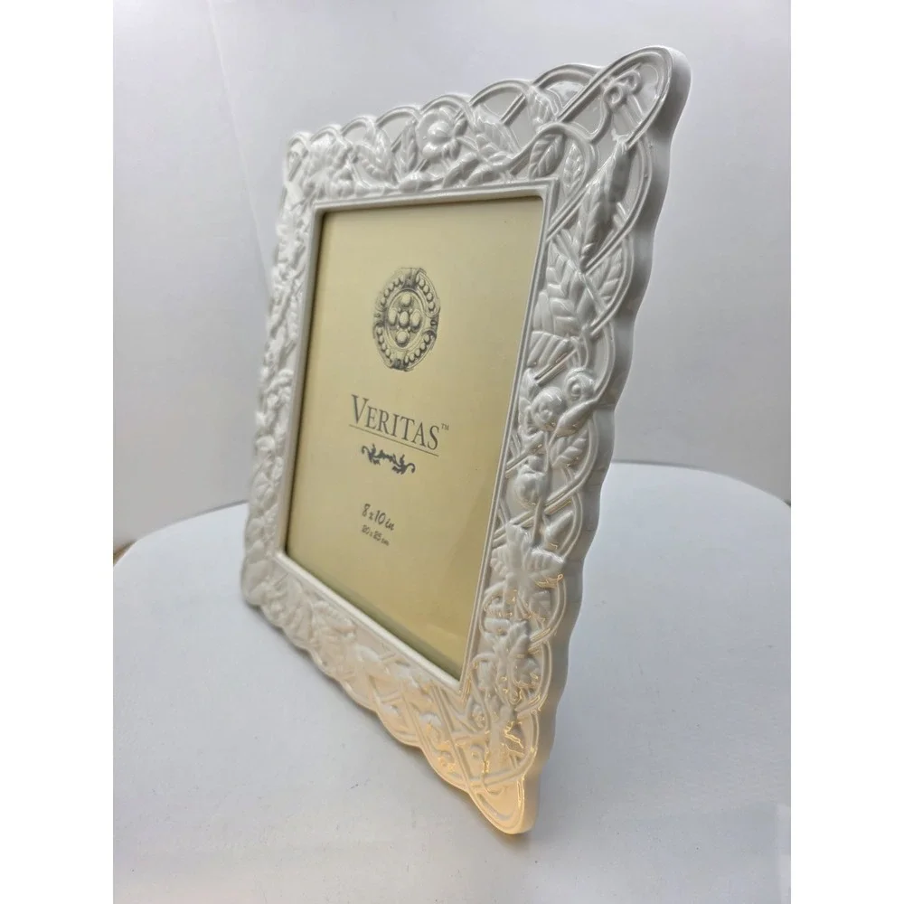 VTG Ivory Ceramic Floral Picture Frame 8x10 Embossed White Shabby Chic 13x11.5